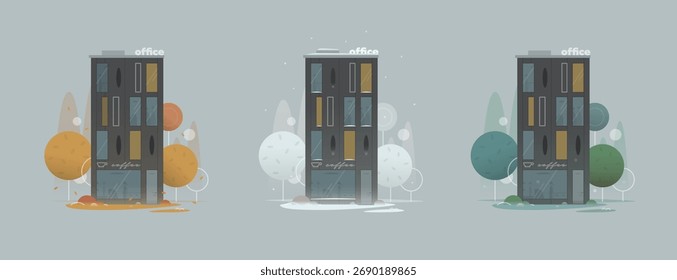 Ilustração vetorial de três edifícios de escritórios mostrados em estações diferentes — outono, inverno e verão. Conceito minimalista de arquitetura empresarial simbolizando mudança, tempo e atmosfera.