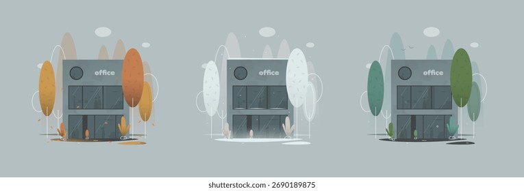 Vector illustration of three office buildings shown in different seasons — autumn, winter, and summer. Minimalist business architecture concept symbolizing change, time, and atmosphere.