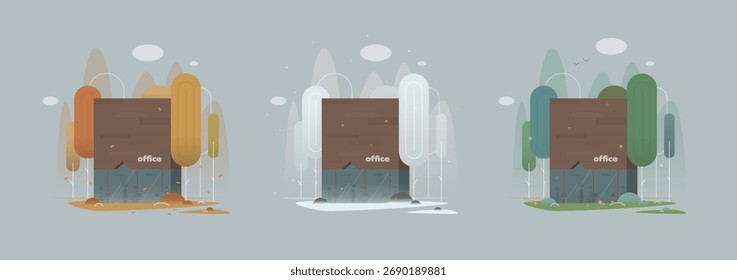 Vector illustration of three office buildings shown in different seasons — autumn, winter, and summer. Minimalist business architecture concept symbolizing change, time, and atmosphere.