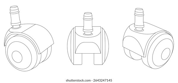 Vector illustration of three office chair caster wheels in different angles. Line art style. Isolated on white background. Horizontal orientation. Suitable for technical or product design.