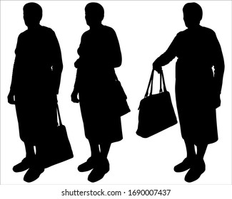 Vector Illustration Of Three Older Girlfriends On A Walk. Fashion Accessory. Retirement Age. Aged, Elderly People. Cheerful Senior. Senior Person Portrait. Cute Grandmother. Glamour Lifestyle.