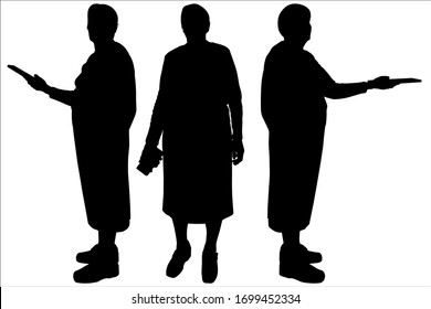 Vector illustration three older women stand in a semicircle and hand out something. Granny with a tablet in hands. Asks for help to figure out how the gadget works. Holds out her hand. Takes. Gives.