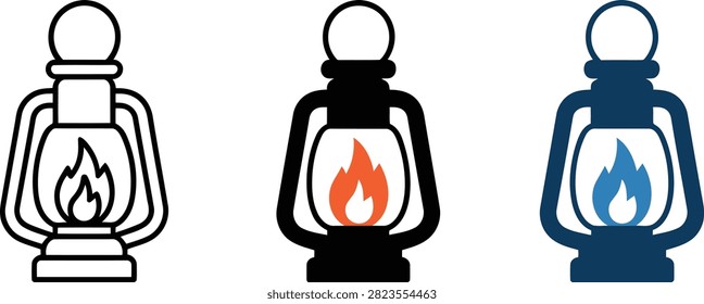 Vector illustration of three old-fashioned lanterns emitting flames in black and white with blue accents