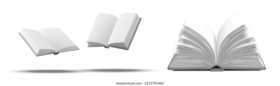 Vector illustration three open books with blank pages, floating on a white background. Perfect for educational design, publishing layouts, or branding projects. These floating pages spark creativity