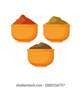 Vector illustration of three orange bowls filled with different spices, isolated on a white background.