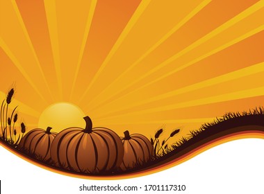 A vector illustration of three orange pumpkins in a field with a rising or setting sun