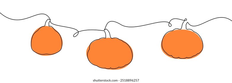 Ilustración vectorial de tres calabazas de color naranja unidas por vides rizadas que fluyen, con un diseño minimalista.