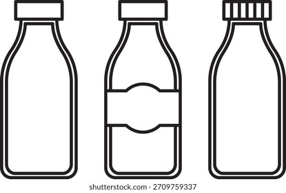 Ilustración vectorial de tres botellas perfiladas con diferentes tapones y diseños de etiquetas. Ideal para conceptos de embalaje, diseño de productos, imágenes de marca y materiales educativos o de marketing minimalistas.