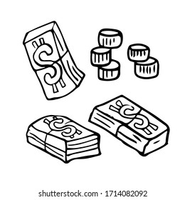 ilustración vectorial de tres paquetes de dólares y monedas en un fondo blanco
