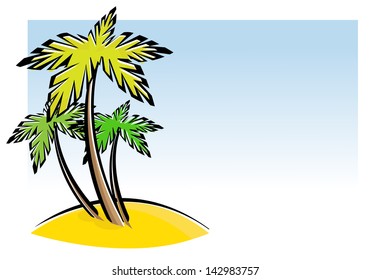 Vector illustration of three palm trees and beach