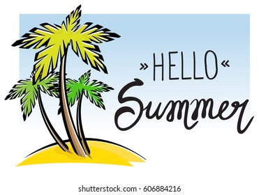Vector illustration of three palms with text 'Hello summer'