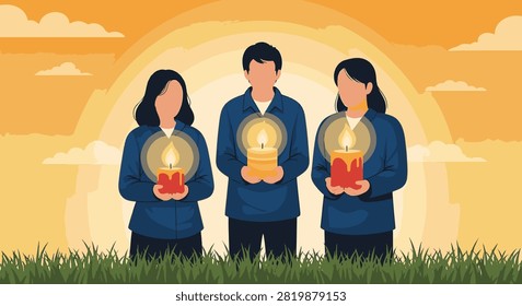 Vector illustration of three people in blue uniforms standing in a grassy field at sunset, holding glowing candles during a vigil or memorial service against an orange sky.