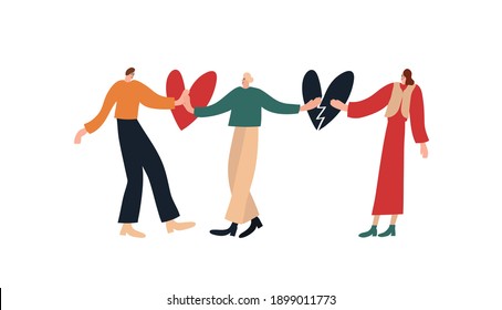 Vector illustration with three people, boy and girls. Relationship between couple and friend. Love, friendship, emotions. Broken heart.