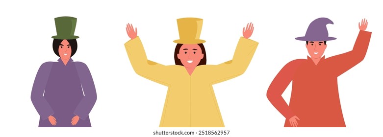 Vector illustration of three people dressed in colorful Halloween costumes, wearing hats and raising their arms, representing a festive and fun celebration.