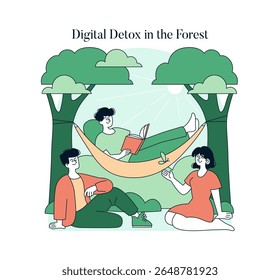 Vector illustration of three people enjoying a digital detox in a forest setting. One person reads in a hammock, while two others sit relaxed on the grass beneath the trees.