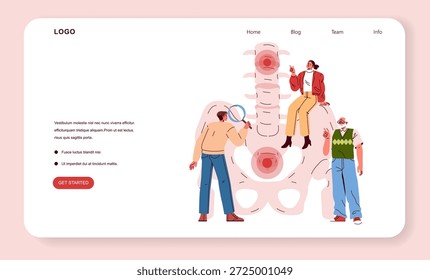 Ilustración vectorial de tres personas examinando una tabla esquelética. Una persona usa una lupa, otra se sienta en la tabla y la tercera se para observando. Tema interactivo y educativo.