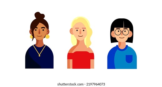 Vector illustration of Three people. A girl with a bun in a blue evening dress and with a medallion around her neck, a blonde in a red ball gown, a girl with glasses in blue jacket, nerd. Drawn style