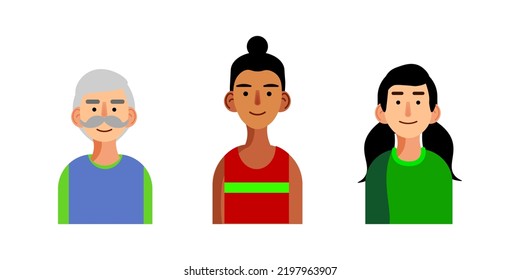 Vector illustration of Three people. Grandfather, an old man in a blue tank top and a green Tshirt, a girl with a bun in a red Tshirt, a girl with ponytails in a green jacket. Drawn style.