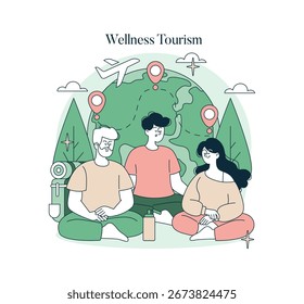 Ilustração vetorial de três pessoas sentadas em uma pose meditativa ao redor de um globo, representando o turismo de bem-estar. A cena é definida com elementos de viagem como um plano e marcadores de localização.