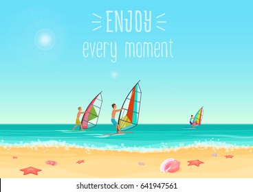 Vector illustration of three people windsurfing in the sea with enjoy every moment words.