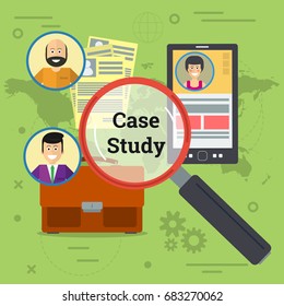 Vector illustration of three person in world with smartphone, documents, business bag and magnifier. Concept of case study in flat style