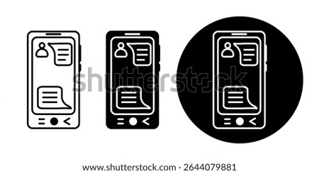 Vector illustration of three phones icons showing a messaging chat interface, presented in black and white styles, ideal for communication or mobile app design concepts.