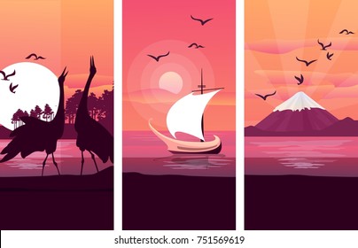 vector illustration of three pictures of the Japanese sunrise
