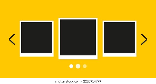 Vector illustration of three pictures on a yellow background. Gallery, slideshow, back and forward buttons, next and previous picture, photo. Vector illustration for Business and Advertising