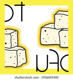 Vector illustration of three pieces of tofu on a yellow white and yellow background with the inscription 