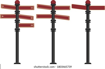 
vector illustration of three pillars and on them a sign and signs showing the direction. Small columns on the streets