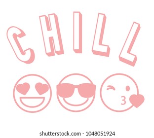 Vector illustration of three pink contour smileys with different emotions on their faces with 3D lettering CHILL isolated on white background,fashion print for t shirt, kawaii emoji, anime style