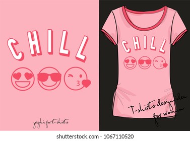 Vector illustration of three pink contour smileys with different emotions on their faces with 3D lettering CHILL isolated on white background,fashion print for t shirt, kawaii emoji, anime style