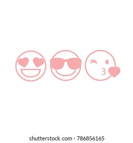 Vector illustration of three pink contour smileys with different emotions on their faces isolated on white background. Fashion print for t shirt, poster, card, icon, set of kawaii emoji, anime style