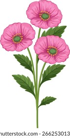 Ilustração vetorial de três flores cor-de-rosa com folhas verdes detalhadas. Cores brilhantes e linhas limpas criam uma aparência nova e viva