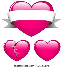 vector illustration of three pink hearts on white background