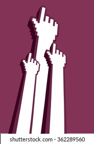 Vector illustration three pixelated digital hands with index finger in click gesture isolated on plain maroon background. 
