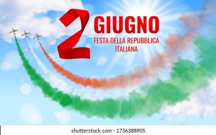 Ilustración vectorial con tres planos y trayectorias en color verde, blanco y rojo y texto aislado en el fondo del cielo. Traducción: "2 de junio. Día de la República Italiana". Tarjeta de saludo del Día Nacional Italiano.