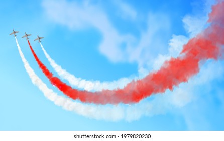 Vector illustration with three planes and trails in white, and red colors isolated on sky background.