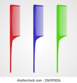 Vector illustration of three plastic hair combs with a tendrill. Red, blue and green. on white background. 