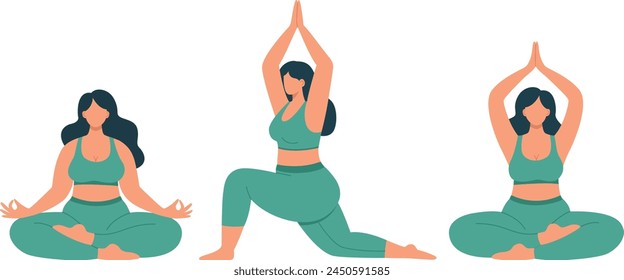 Vector illustration of three plus size women does physical exercises with jump rope and with dumbbells. Flat style concept of body positive girls