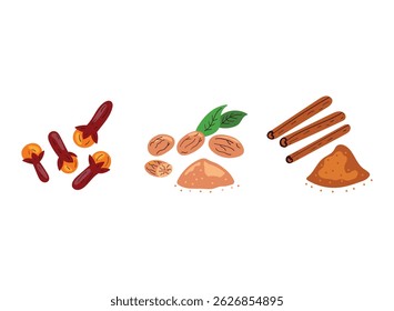 Ilustração vetorial de três especiarias populares: botões de cravo, noz-moscada inteira e moída, e paus de canela com pó. Este conjunto colorido desenhado à mão é perfeito para ilustrações culinárias