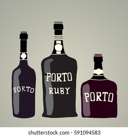 Vector illustration of three port vine bottles. The portuguese dessert wine vector set