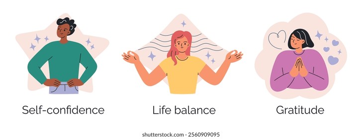 Vector illustration of three positive emotions, self confidence, life balance, and gratitude. Diverse characters with expressive gestures, well being, mindfulness, and positivity in flat cartoon style