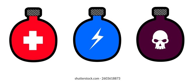 Vector Illustration of Three Potions with Chemical Symbols for Fantasy and Science Themes