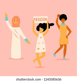 Vector illustration of three protesting young women. Feminine concept and woman empowerment design. Human rights