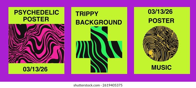 Vector illustration of three psychedelic posters with bold wavy patterns, neon colors, and modern text, perfect for music or party events. Bright, trippy, and retro-inspired graphic style.