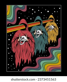 Vector illustration of three psychedelic skulls with terrible cloaks. Design for t-shirt on black background