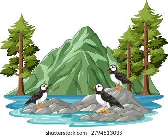 Vector illustration of three puffins on rocks by water with mountains and pine trees