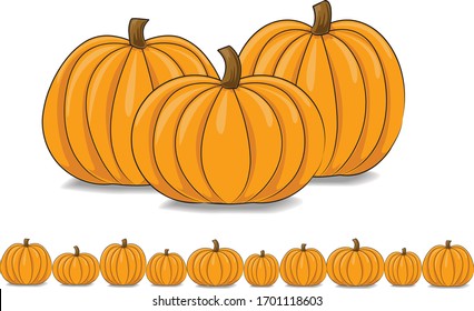 A vector illustration of three pumpkinds in a group and a border row of pumpkins