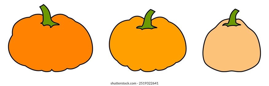 Ilustração vetorial de três abóboras em diferentes tons de laranja com hastes verdes, mostrando variedade.